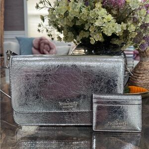 kate spade silver metallic crossbody with matching cardholder